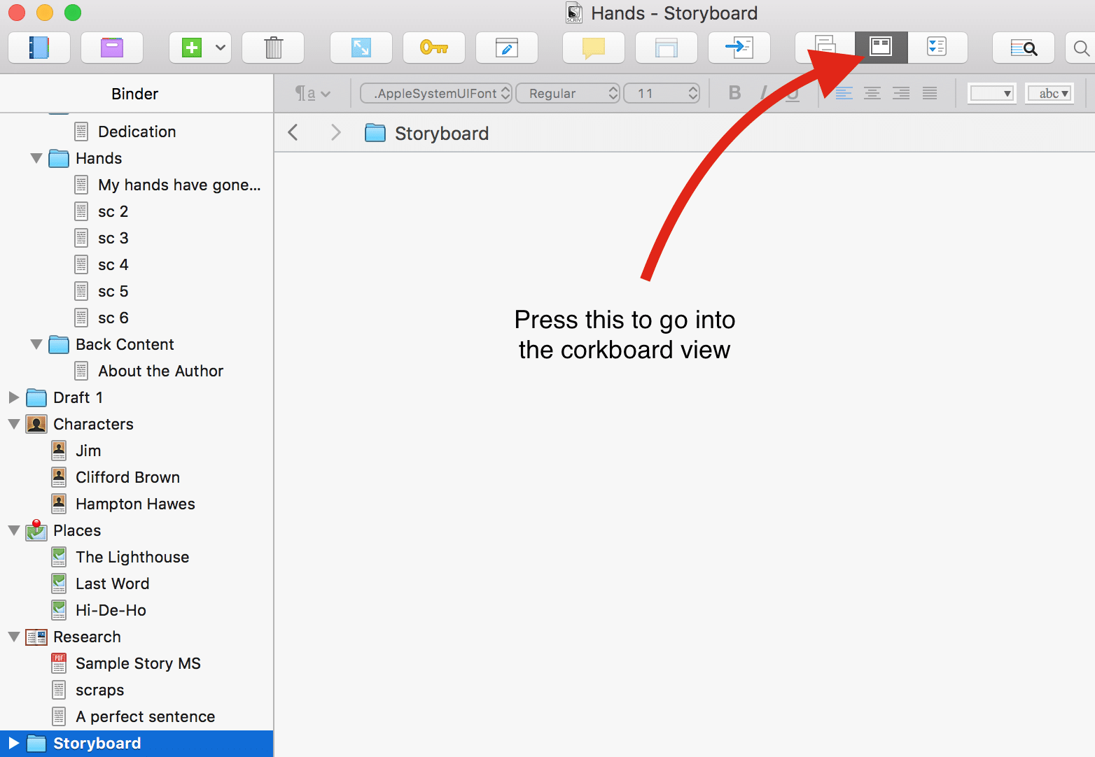  Corkboard view in Scrivener