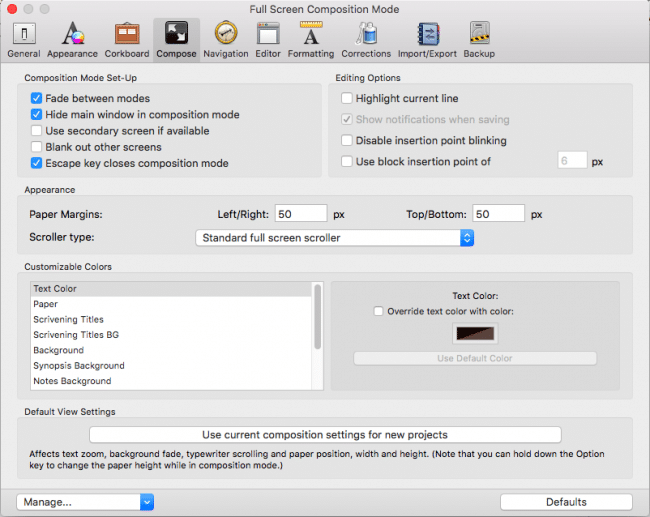 Scrivener's Compose Preferences