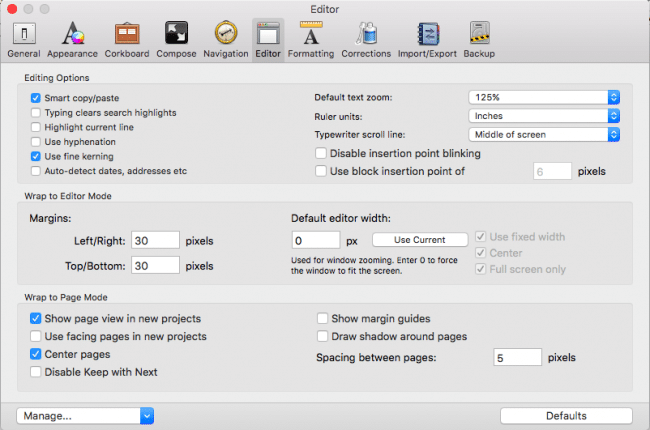 Scrivener's Editor Preferences