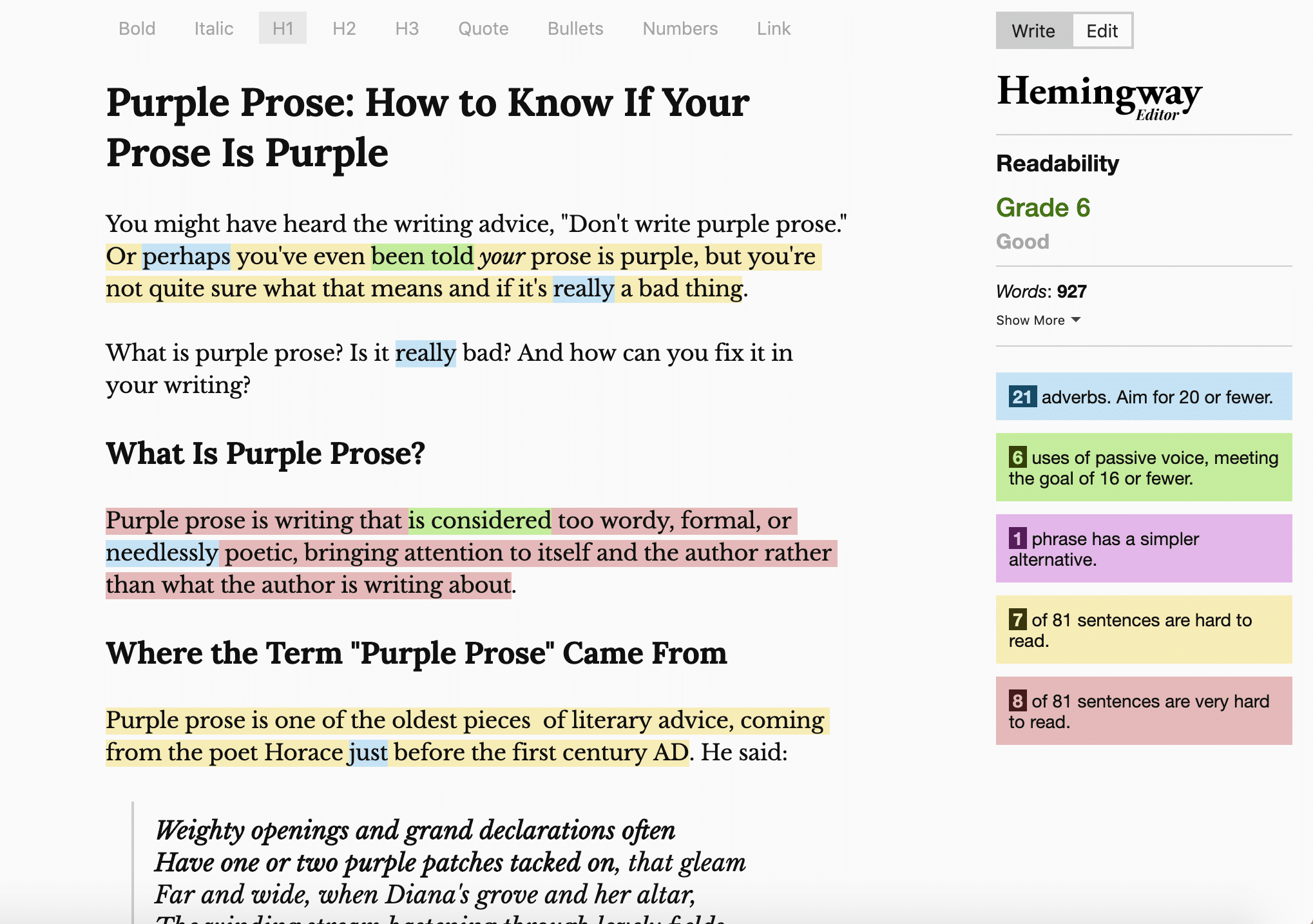 Hemingway App Purple Prose