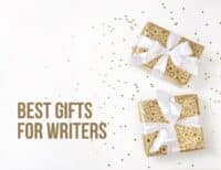 Best Gifts for Writers on white background with gold wrapped packages