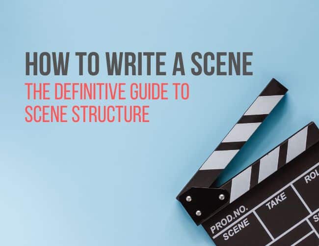 How to Write a Scene: title on blue background with movie clapperboard