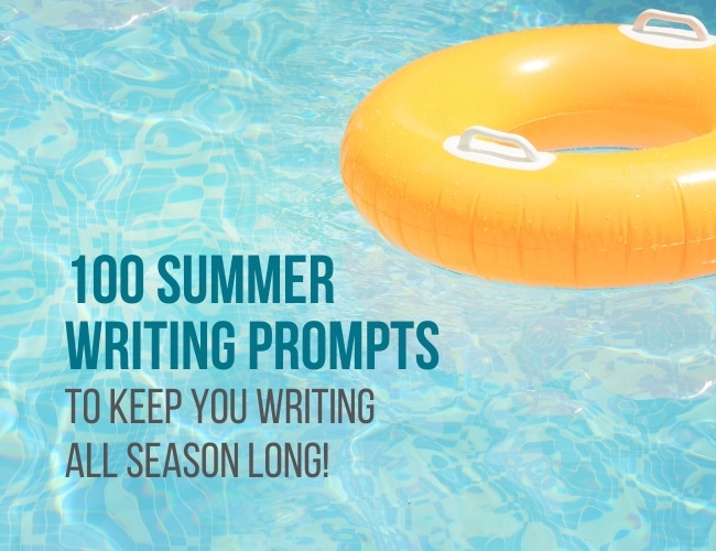 Teal pool water and yellow float with title 100 Summer Writing Prompts