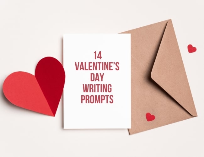 14 Valentine's Day Writing Prompts on a white card with brown envelope