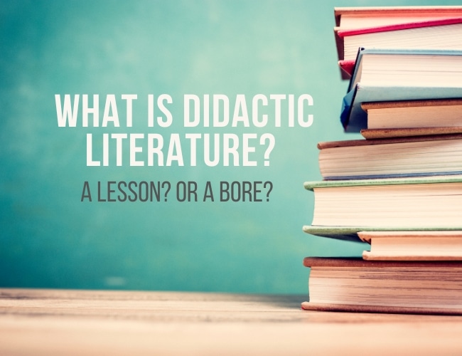 Chalkboard and stack of books next to title "What is didactic literature, a lesson or a bore?"